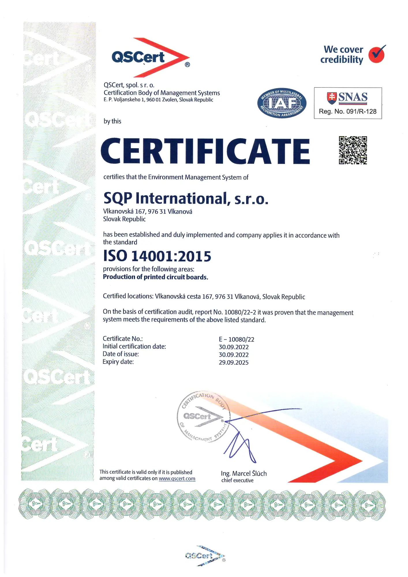 SQP International s.r.o. ISO 14001:2015 Certification