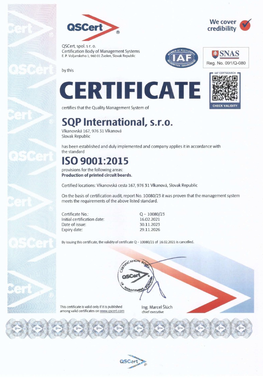 SQP International s.r.o. ISO 9001:2015 Certification